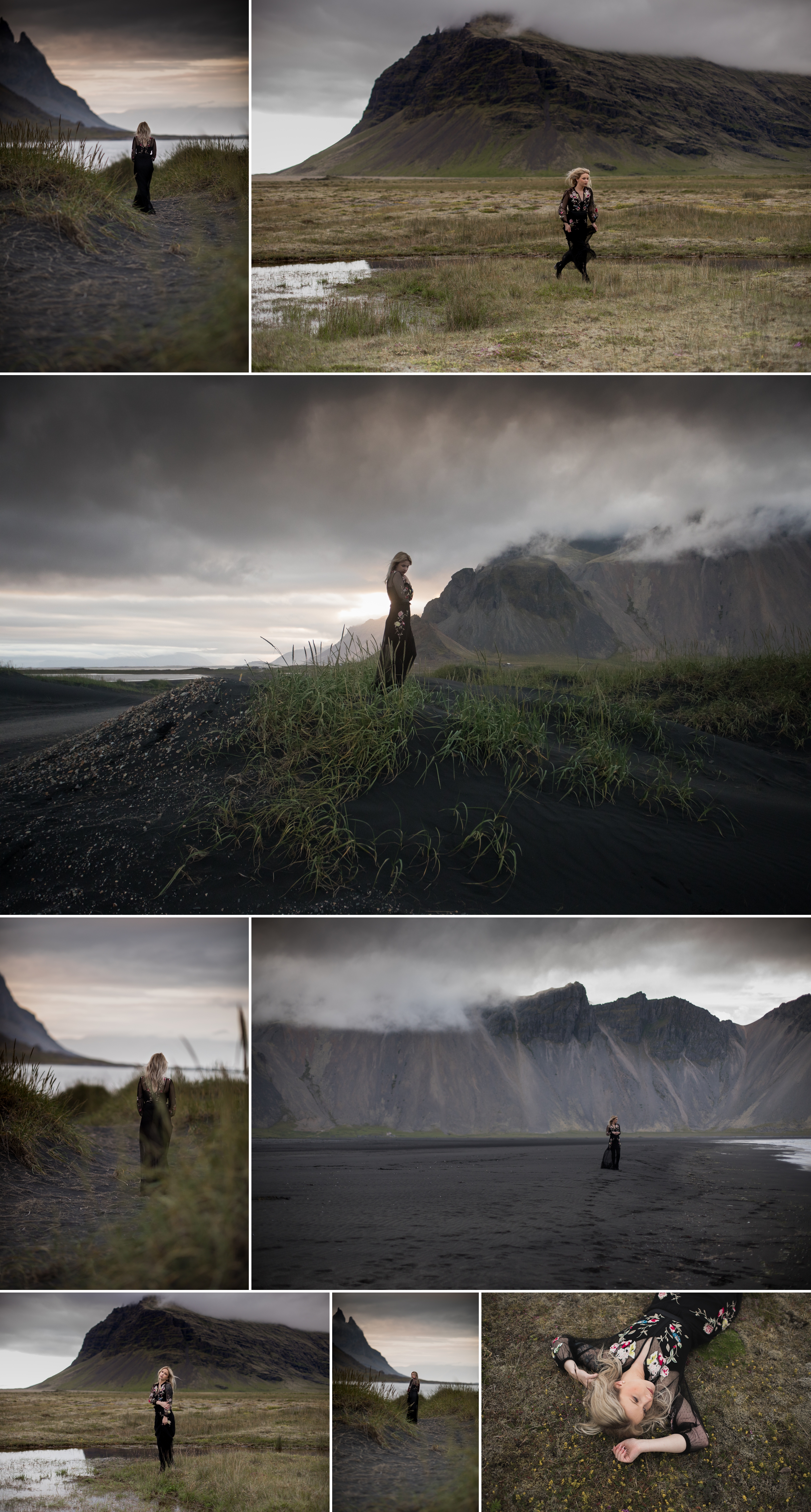 True Moua photography model surrounded by black sand beaches and majestic volcanoes at destination photo shoot. 